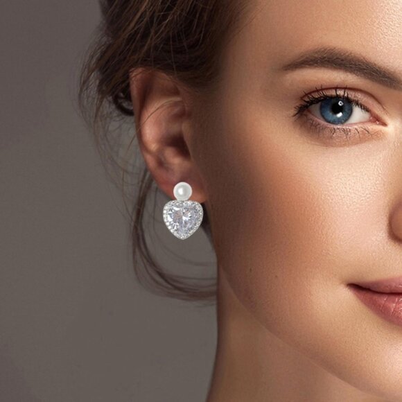 Silver White Dipped Heart Cubic Zirconia Pearl Stud Earrings Elegant Jewelry - Picture 1 of 5